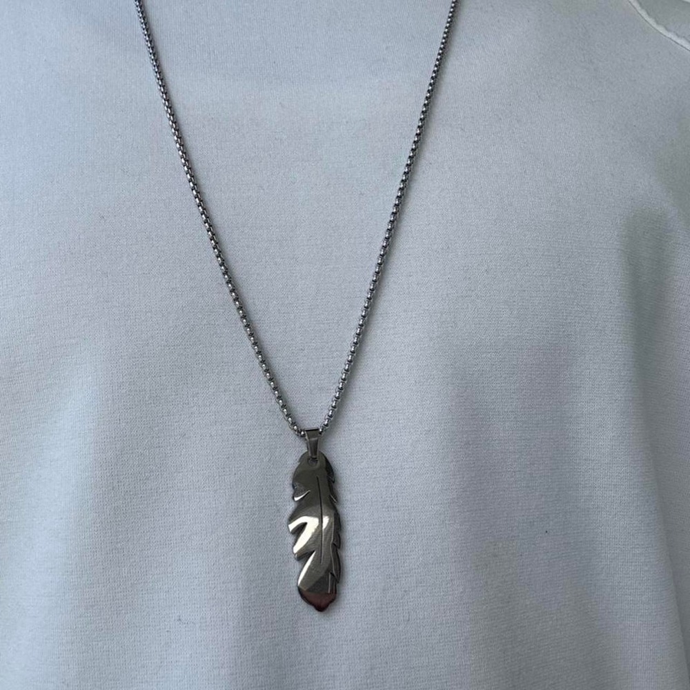 Silver Leaf Pendant Necklace 24 Inch Box Chain Streetwear Jewelry Mens Silver